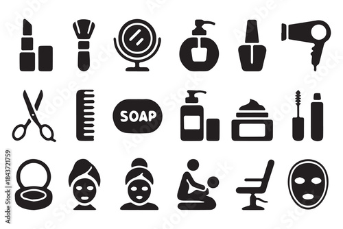 Cosmetics, Hair, and Spa Solid Icons Set: Make-up, Comb, Mirror, Scissors, Face Mask, and Massage