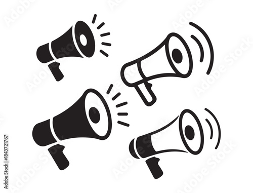 Four megaphone icons in solid and outline styles, all emitting sound waves across the frame