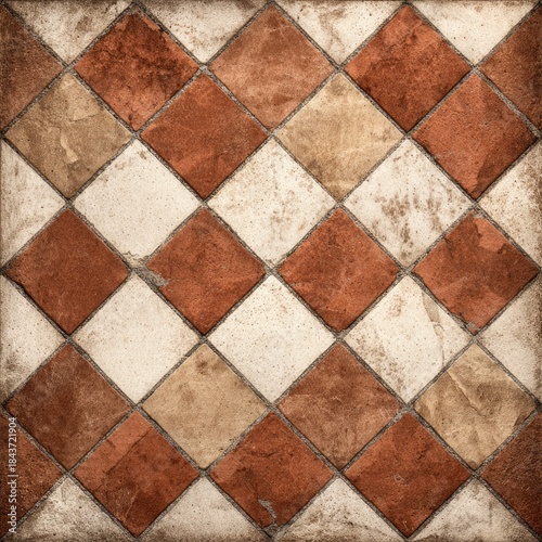 Diamond-patterned, aged tiles in rust and beige. Squares are arranged in diagonal fashion
