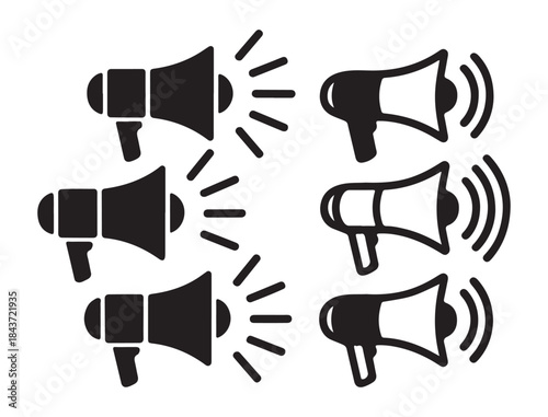Six megaphone icons featuring both solid and outline styles with various sound wave designs
