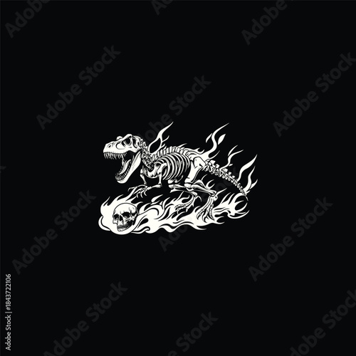 Skeleton of Tyrannosaurus Rex dinosaur on fire with human skull, aggressive line art illustration isolated on black background.