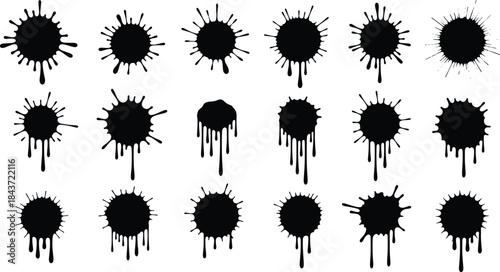 Black paint splash and dripping ink silhouette set with grunge splatter shapes, abstract messy vector elements for graffiti and creative background designs