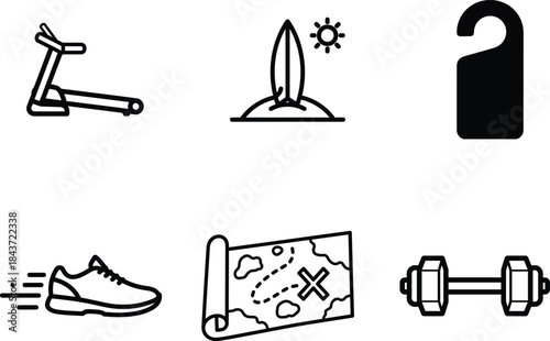 A diverse collection of modern black line art icons representing fitness travel and leisure activities