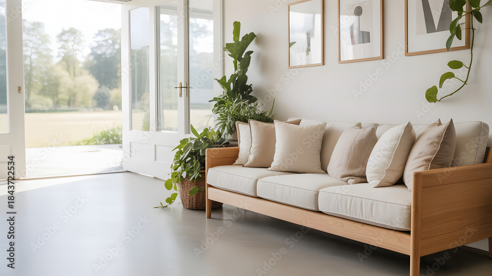 Fototapeta premium Modern living room with a neutral-toned sofa large windows overlooking a green landscape and lush indoor plants creating a bright serene space
