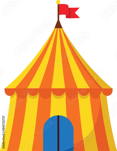 Bright circus tent illustration with striped carnival marquee and red flag, fun festival vector icon for entertainment events and kids party designs