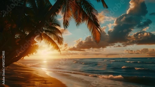 Video A serene scene of a sunset over the ocean with palm trees in the foreground, suitable for use as a background or landscape