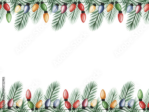 Seamless decorative christmas border with glowing lights and coniferous branches, illustration png element isolated on transparent background