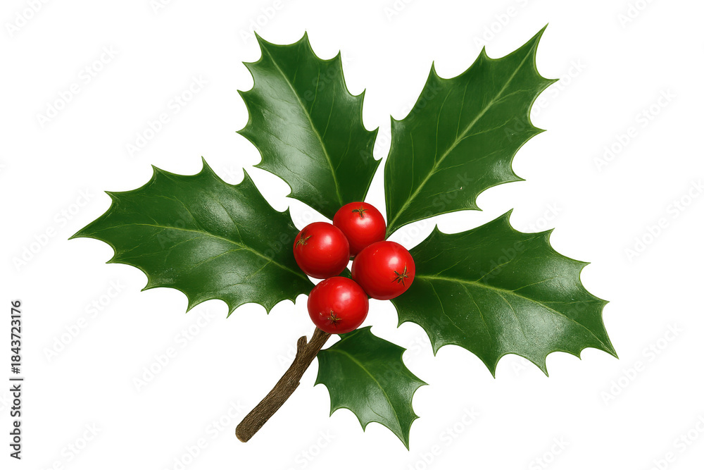 Obraz premium Holly leaves and red berries for christmas decoration, symbolizing winter holidays and festive greetings, transparent background