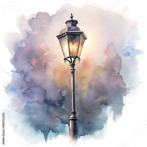 Vintage Lamppost: An elegantly designed antique lamppost, illuminating the scene against a soft watercolor backdrop, evokes feelings of nostalgia and classic elegance.
