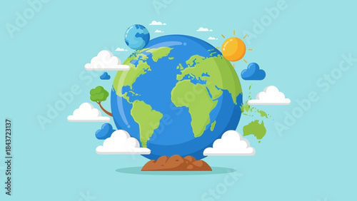 Cartoon earth globe with clouds and sun illustration for earth day concept