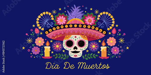 Colorful dia de muertos skull with flowers candles and traditional hat