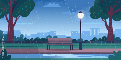 Rainy day in the park with a street lamp and cityscape background