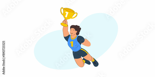 Celebrating victory an athlete raises a golden trophy in joyful triumph