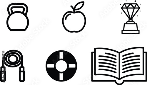 Black line art icons representing fitness healthy eating achievement safety and education in a versatile collection for modern design projects
