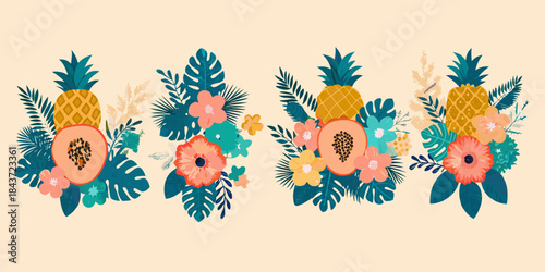 Tropical floral arrangements with pineapples papaya and lush green leaves