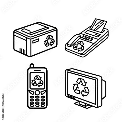 A set of four black and white line art icons for electronic waste recycling