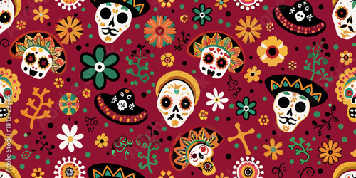 Colorful sugar skull patterns and floral designs on a vibrant red background