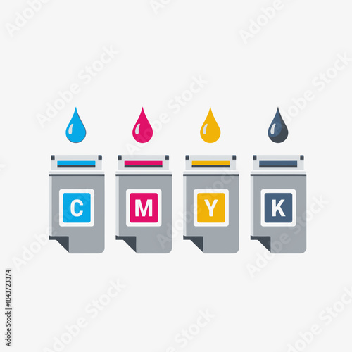 An illustration of the cmyk color model with four ink drops falling into cartridges