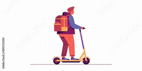 A stylized illustration of a person riding an electric scooter outdoors