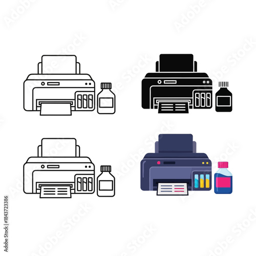 Collection of printer and ink bottle icons presented in outline, silhouette, and color styles