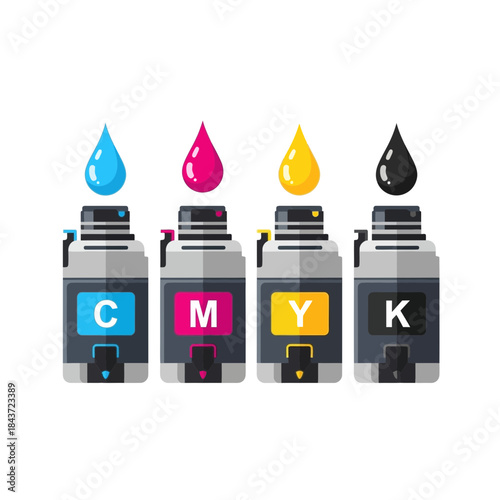 Cmyk ink bottle set with color droplets for printing and design