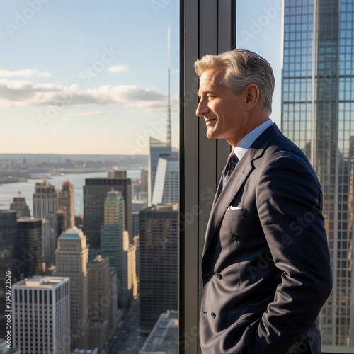 A distinguished businessman in a suit gazes out of a skyscraper window at the city skyline.