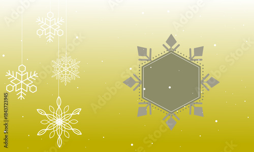 Festive golden gradient with intricate snowflake motifs, creating a winter holiday and New Year's greeting background with a hexagonal frame