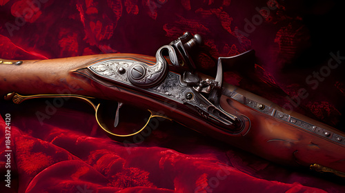 flintlock. Antique flintlock musket displayed on velvet cloth, detailed wood and metal components. event programs, museum guides, designed for cultural heritage projects and event programs.
