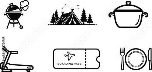 Diverse collection of blackandwhite outline vector icons representing various everyday lifestyle activities and objects for modern living