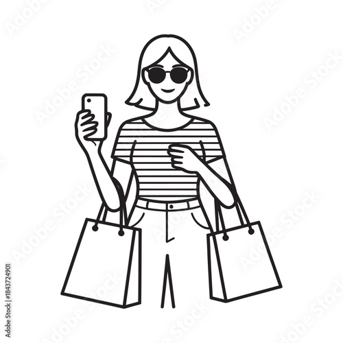 A stylish woman taking a selfie while carrying shopping bags