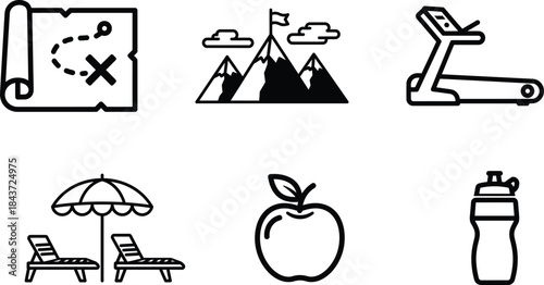 Diverse collection of linear icons representing adventure fitness travel relaxation and healthy lifestyle pursuits