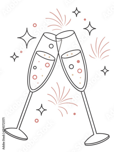 minimal champagne flutes clinking, thin line illustration, small sparkling accents, pastel or gold details, isolated on white, elegant new year party icon, vector clean style
