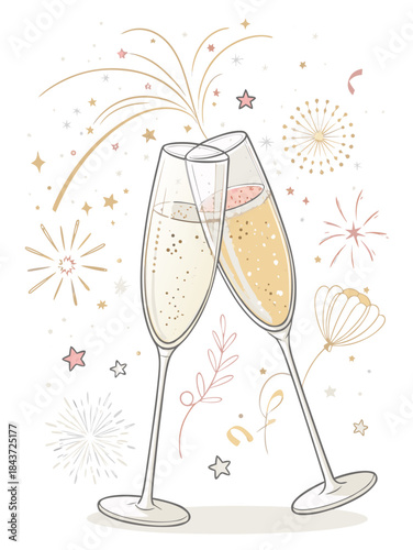 minimal champagne flutes clinking, thin line illustration, small sparkling accents, pastel or gold details, isolated on white, elegant new year party icon, vector clean style
