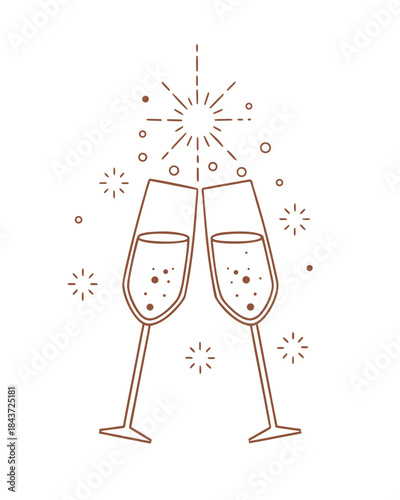 minimal champagne flutes clinking, thin line illustration, small sparkling accents, pastel or gold details, isolated on white, elegant new year party icon, vector clean style

