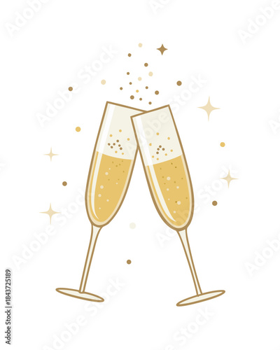 minimal champagne flutes clinking, thin line illustration, small sparkling accents, pastel or gold details, isolated on white, elegant new year party icon, vector clean style
