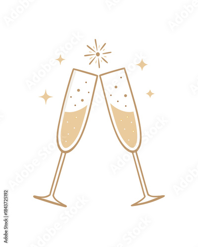 minimal champagne flutes clinking, thin line illustration, small sparkling accents, pastel or gold details, isolated on white, elegant new year party icon, vector clean style
