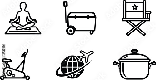 Diverse vector icon collection representing various lifestyle activities including fitness meditation travel and cooking essentials graphic resource