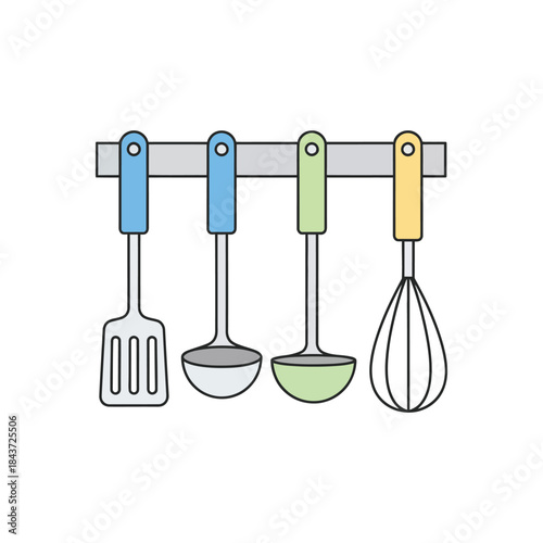 Colorful kitchen utensils arranged on rack vector illustration