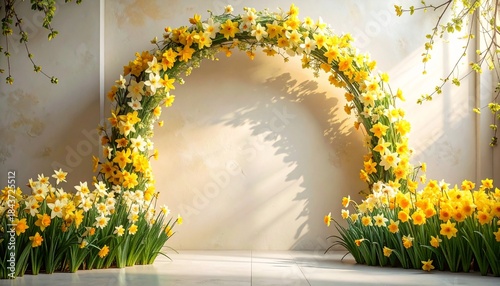 spring photography backdrop with white arch and daffodil flowers background 