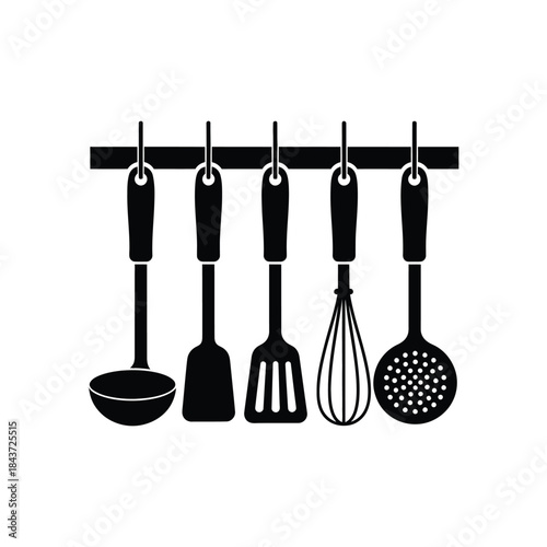 Common kitchen utensils arranged on rack silhouette vector illustration