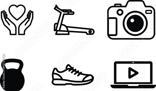 Modern lifestyle and hobby outline icons collection featuring health fitness technology and creative interests for web design