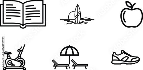 Modern outline icons illustrating diverse healthy lifestyle concepts including reading surfing fruit fitness and beach relaxation in a clean graphic style