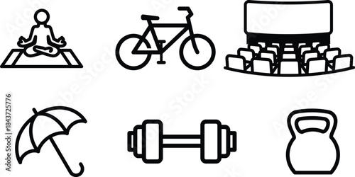 Set of minimalist black outline icons representing various lifestyle fitness and entertainment activities and objects for modern design projects