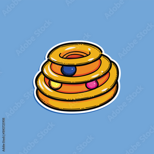 A colorful and playful illustration of an interactive cat tower track toy with rolling balls, designed to stimulate curiosity and encourage active play for indoor cats.