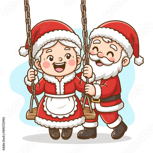 Cute Cartoon Santa Claus and Mrs. Claus on Swing: Romantic Christmas Couple Vector Illustration