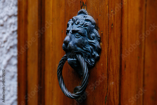 Photos Antique lion head door knocker on wooden entrance with detailed design