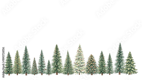 Watercolor Christmas Pine Tree Border with Winter Forest and Copy Space Background