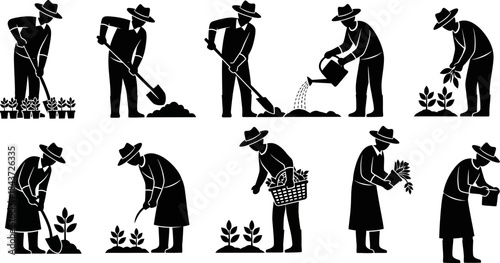 Country Farmers & Gardeners – Editable Vector Silhouette Set of Florists, Growers, and Rural People