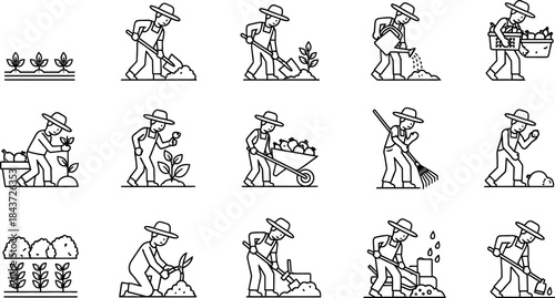 A set of Crouching Vector. Country Farmers & Gardeners editable line drawings in vector