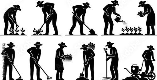 Country Farmers & Gardeners – Editable Vector Silhouette Set of Florists, Growers, and Rural People